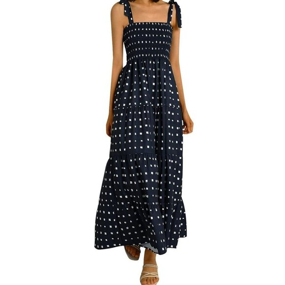 Womens Summer Maxi Dress Smocked Polka Dot Long Boho Beach Sun Dress Small - Picture 2 of 9